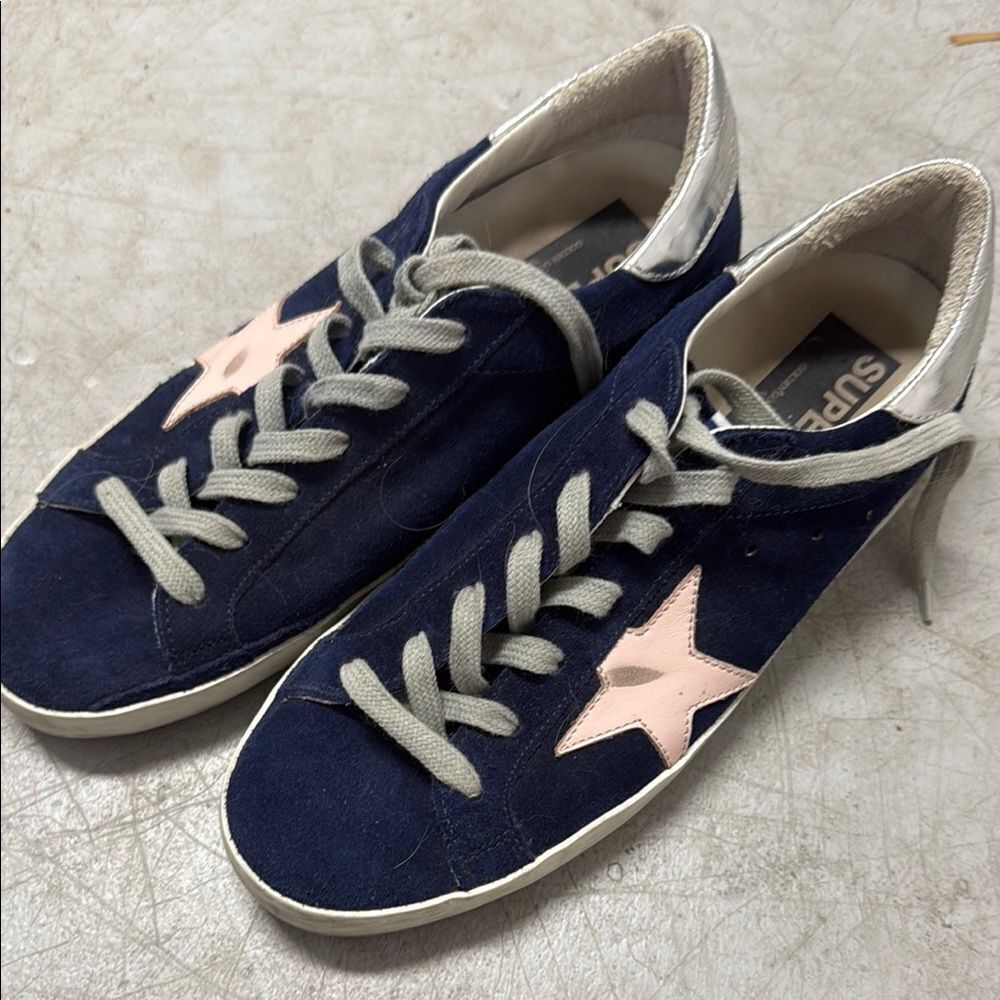 Golden Goose Blue Sneakers with Silver Accents and Pink Star - LIKE NEW Size 39